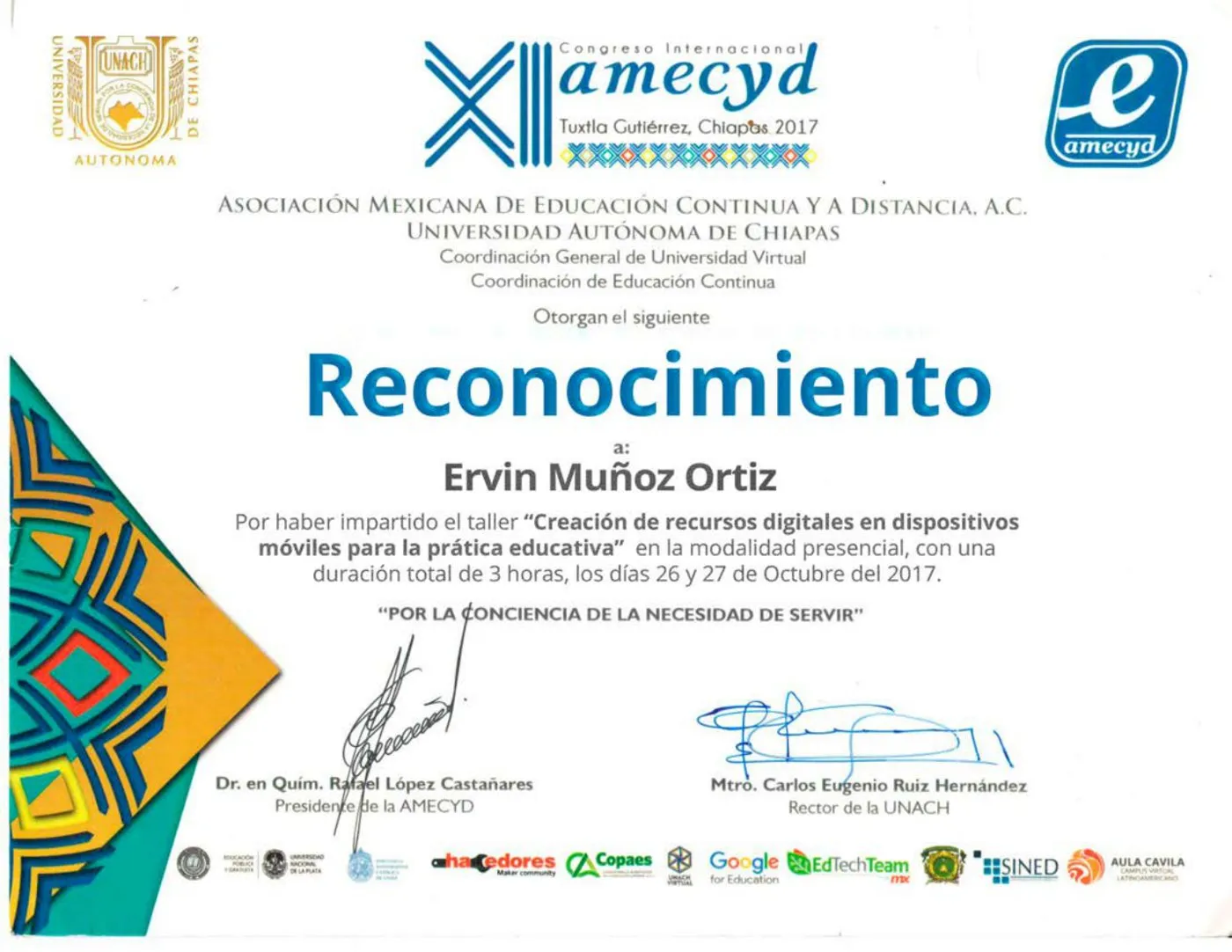 Documento: Creación de recursos digitales en dispositivos móviles para la práctica educativa, Asociación Mexicana de Educación Continua y a Distancia · UNACH