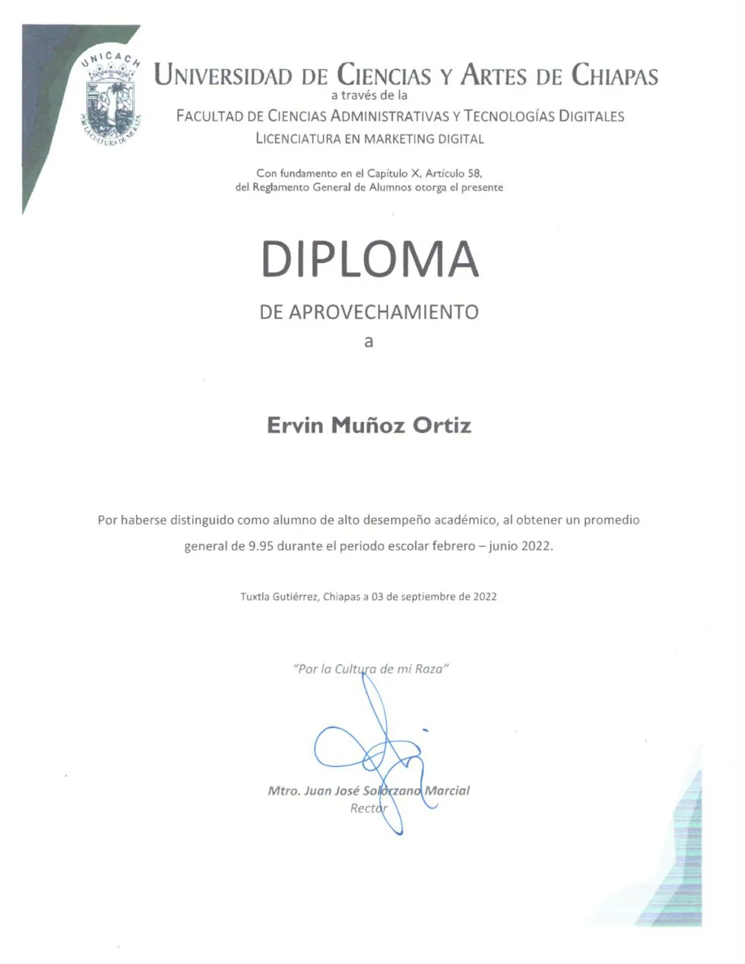 Documento: Diploma de aprovechamiento, UNICACH · Licenciatura en Marketing Digital