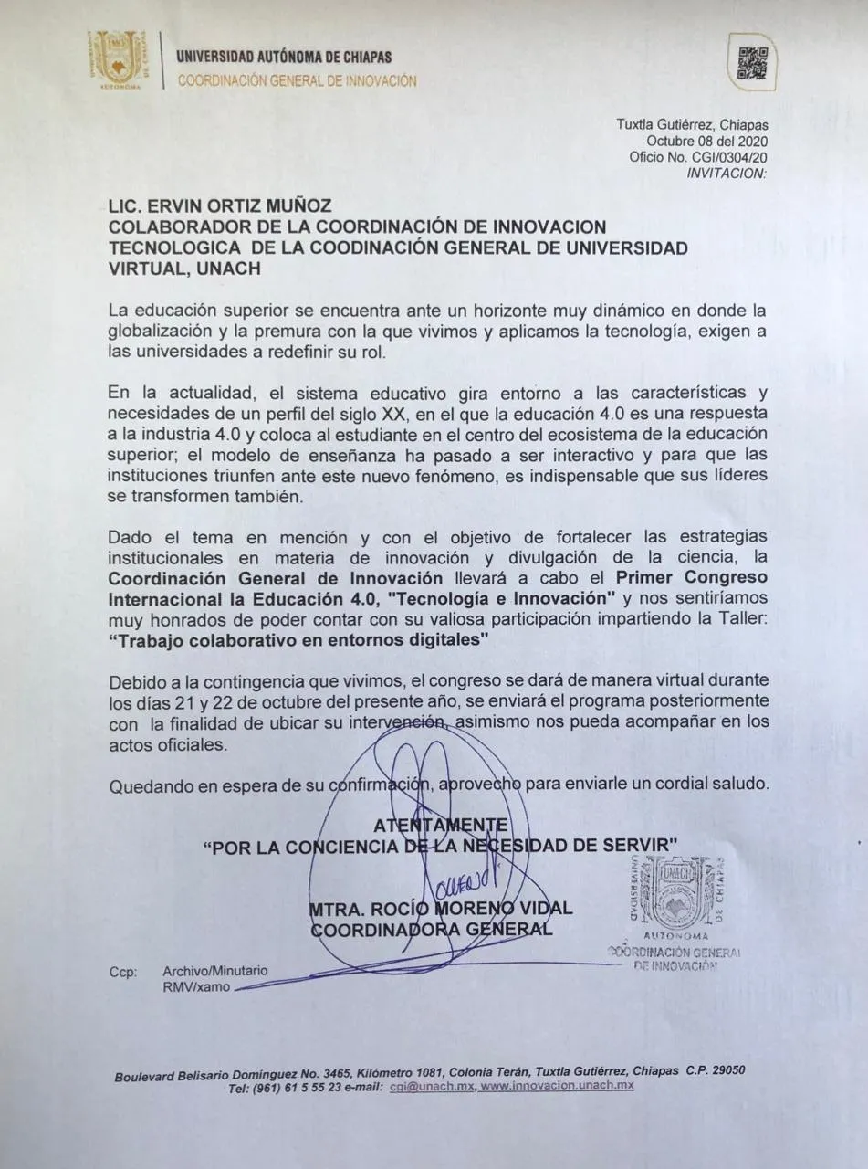 Documento: Tallerista · Primer Congreso Internacional Educación 4.0, UNACH · Coordinación General de Innovación
