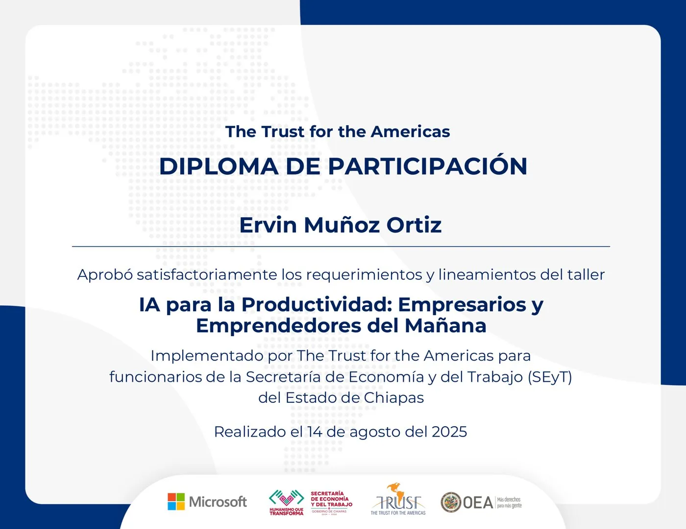 Documento: IA para la Productividad: Empresarios y Emprendedores del Mañana, The Trust for the Americas · Microsoft · SEyT Chiapas
